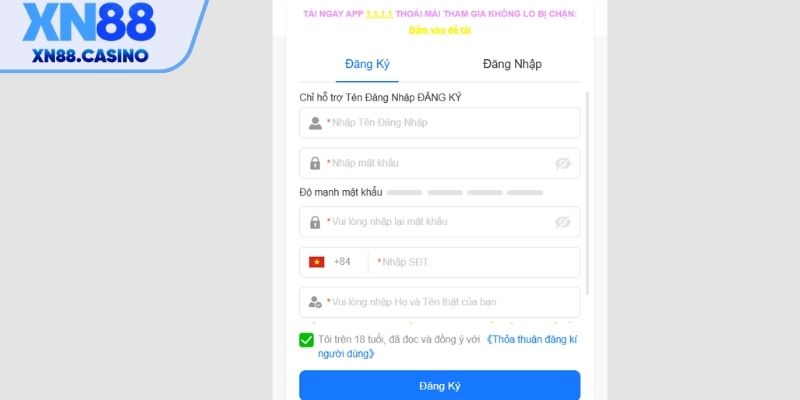 Đăng ký tài khoản theo hướng dẫn chơi XN88